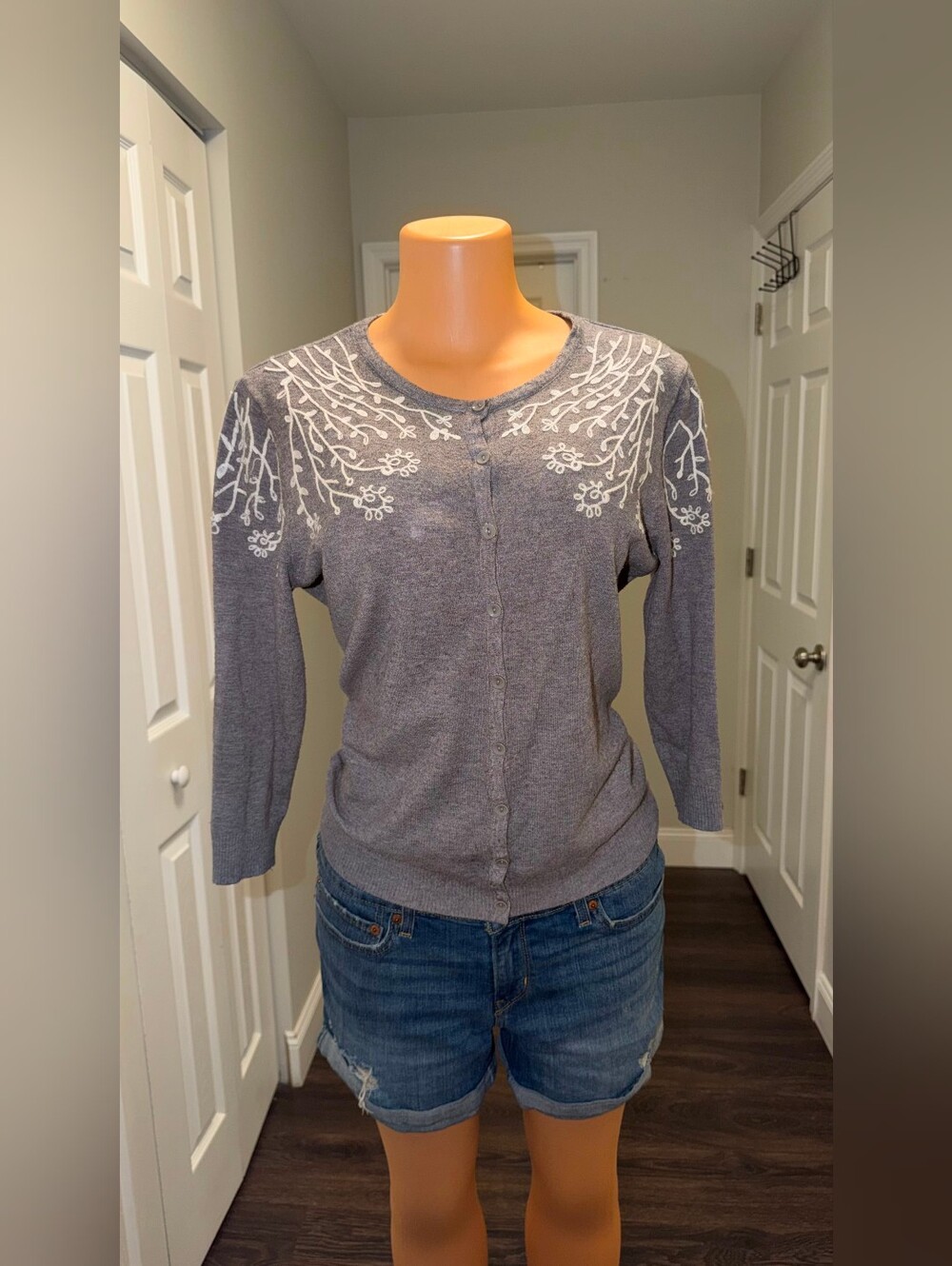 RAIN + Rose Gray Embroidered Button-Up Sweater Cardigan - Women size M